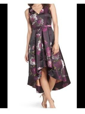 Eliza J High Low Belted Cocktail Dress Black Purple Floral Brocade Sz 14  Formal